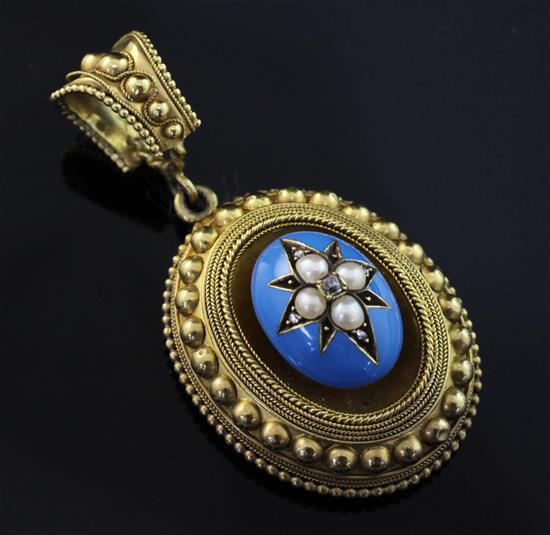 A Victorian gold, enamel, split pearl and rose cut diamond set oval pendant locket, overall 2in.